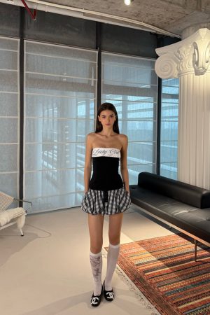 Stylish Split Lapel Strapless Top with Waist-Defined Design & Plaid Bubble Skirt - Quirky Y2K Fashion Outfit for Trendy Girls