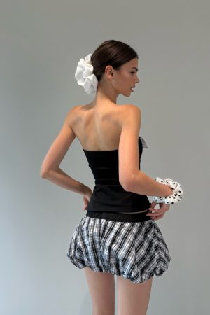 Stylish Split Lapel Strapless Top with Waist-Defined Design & Plaid Bubble Skirt - Quirky Y2K Fashion Outfit for Trendy Girls