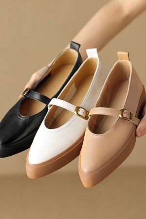 Stylish Women's Genuine Leather Pointed Toe One-Strap Mary Jane Shoes - Thick-Soled Platform Loafers for Trendy Looks