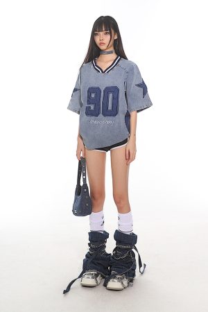 Summer 2025 American Vintage Denim Loose T-Shirt with Letter Embroidery for Women - Trendy Street Style Fashion