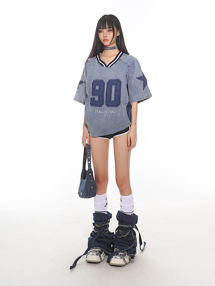 Summer 2025 American Vintage Denim Loose T-Shirt with Letter Embroidery for Women - Trendy Street Style Fashion Summer 2025 American Vintage Denim Loose T-Shirt with Letter Embroidery for Women - Trendy Street Style Fashion