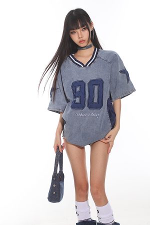 Summer 2025 American Vintage Denim Loose T-Shirt with Letter Embroidery for Women - Trendy Street Style Fashion
