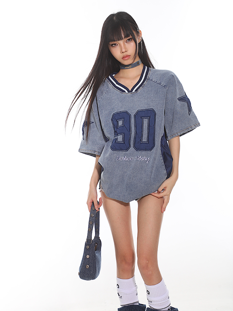 Summer 2025 American Vintage Denim Loose T-Shirt with Letter Embroidery for Women - Trendy Street Style Fashion Summer 2025 American Vintage Denim Loose T-Shirt with Letter Embroidery for Women - Trendy Street Style Fashion