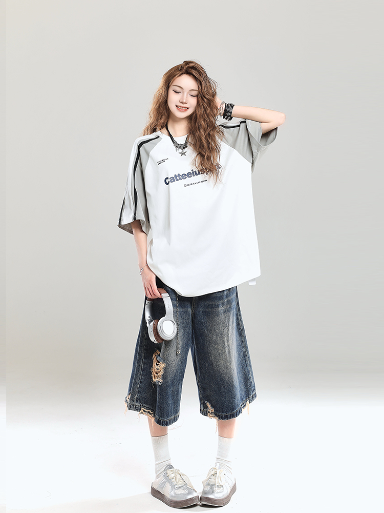 Summer 2025 College Style Letter Print Short-Sleeve T-Shirt for Girls - Loose Casual Top, Trendy Niche Design Summer 2025 College Style Letter Print Short-Sleeve T-Shirt for Girls - Loose Casual Top, Trendy Niche Design