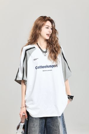 Summer 2025 College Style Letter Print Short-Sleeve T-Shirt for Girls - Loose Casual Top, Trendy Niche Design