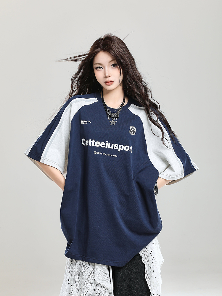 Summer 2025 College Style Letter Print Short-Sleeve T-Shirt for Girls - Loose Casual Top, Trendy Niche Design Summer 2025 College Style Letter Print Short-Sleeve T-Shirt for Girls - Loose Casual Top, Trendy Niche Design