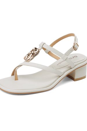 Summer 2025 Genuine Leather Mid-Heel Chunky Roman Sandals for Women - Apricot Square-Toe Thong Style