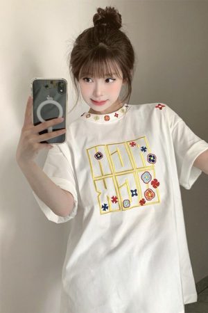 Summer 2025 Women's American Hip-Hop Style Embroidered Short Sleeve T-Shirt - Trendy Couple Streetwear Top