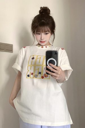 Summer 2025 Women's American Hip-Hop Style Embroidered Short Sleeve T-Shirt - Trendy Couple Streetwear Top