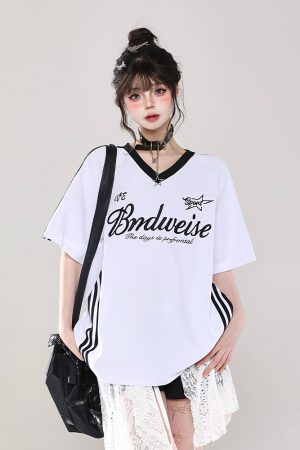 Summer 2025 Womenâ€™s American Style Loose V-Neck Short Sleeve T-Shirt, Niche Shoulder, College Style, Pure Cotton Top