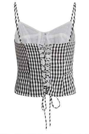 Summer 2025 Women's Black and White Checkered Short Top - French Vacation Style, Trendy and Chic Fashion