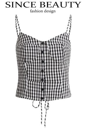 Summer 2025 Women's Black and White Checkered Short Top - French Vacation Style, Trendy and Chic Fashion