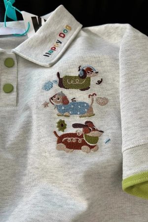 Summer 2025 Women’s Color-Blocking Polo Collar Short Sleeve T-Shirt with Embroidered Puppy - Cute Cartoon Shoulder-Reducing Style