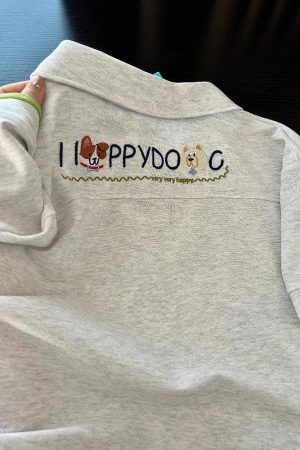 Summer 2025 Women’s Color-Blocking Polo Collar Short Sleeve T-Shirt with Embroidered Puppy - Cute Cartoon Shoulder-Reducing Style