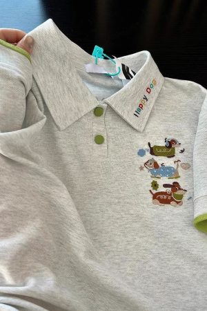 Summer 2025 Womenâ€™s Color-Blocking Polo Collar Short Sleeve T-Shirt with Embroidered Puppy - Cute Cartoon Shoulder-Reducing Style