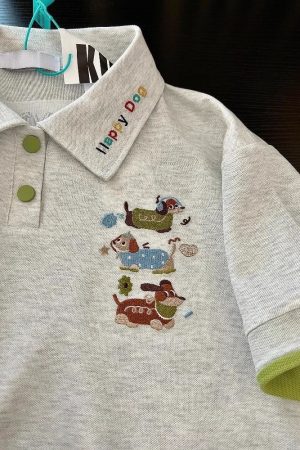 Summer 2025 Women’s Color-Blocking Polo Collar Short Sleeve T-Shirt with Embroidered Puppy - Cute Cartoon Shoulder-Reducing Style