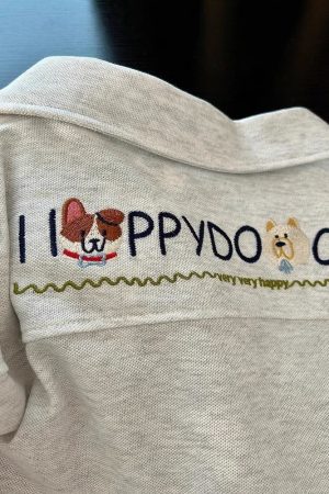 Summer 2025 Women’s Color-Blocking Polo Collar Short Sleeve T-Shirt with Embroidered Puppy - Cute Cartoon Shoulder-Reducing Style