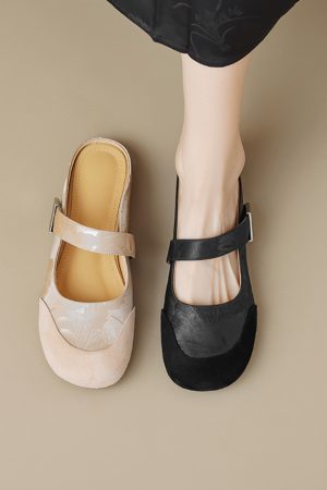 Summer 2025 Women's Cute Apricot Round Toe Flat Half Slippers - Top Layer Cowhide Outdoor Footwear