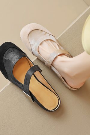 Summer 2025 Women's Cute Apricot Round Toe Flat Half Slippers - Top Layer Cowhide Outdoor Footwear
