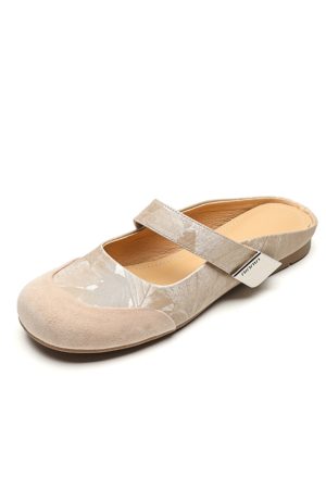 Summer 2025 Women's Cute Apricot Round Toe Flat Half Slippers - Top Layer Cowhide Outdoor Footwear