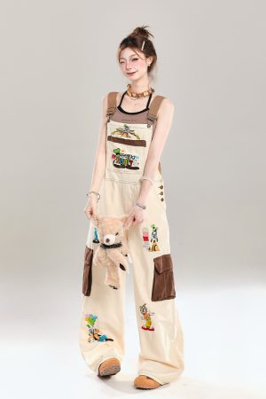 Summer 2025 Women's Embroidered Cartoon Jumpsuit - Loose Casual Overalls in Trendy American Style