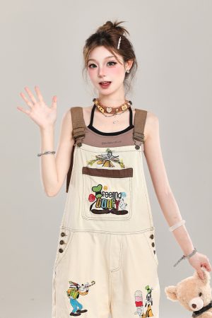 Summer 2025 Women's Embroidered Cartoon Jumpsuit - Loose Casual Overalls in Trendy American Style