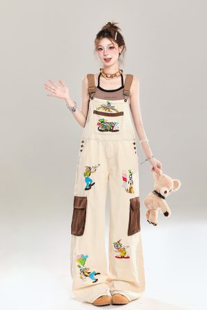 Summer 2025 Women's Embroidered Cartoon Jumpsuit - Loose Casual Overalls in Trendy American Style
