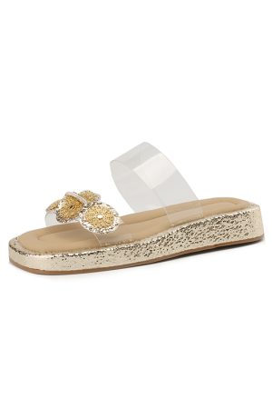 Summer 2025 Women’s Fairy Style Transparent One-Strap Open-Toe Slippers with Thick Sole and Camellia Design