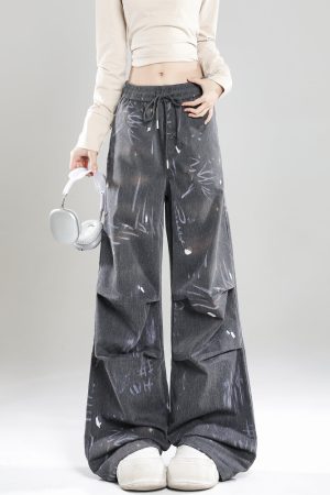 Summer 2025 Women's High Street Graffiti Wide Leg Loose Casual Trousers - American Style Straight Pants