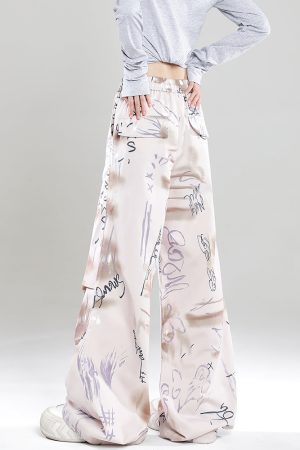 Summer 2025 Women's High Street Graffiti Wide Leg Loose Casual Trousers - American Style Straight Pants