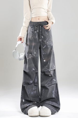 Summer 2025 Women's High Street Graffiti Wide Leg Loose Casual Trousers - American Style Straight Pants