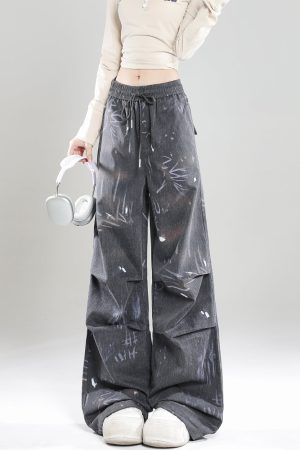 Summer 2025 Women's High Street Graffiti Wide Leg Loose Casual Trousers - American Style Straight Pants