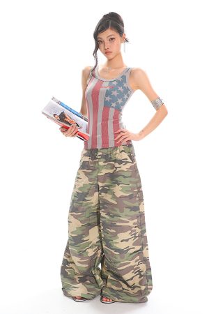 Summer American-Style Camouflage Wide-Leg Pants for Women - Loose Fit, Floor-Length Casual Workwear