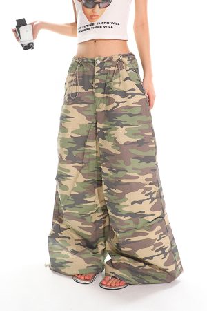 Summer American-Style Camouflage Wide-Leg Pants for Women - Loose Fit, Floor-Length Casual Workwear