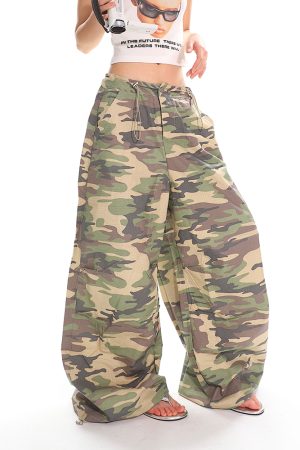 Summer American-Style Camouflage Wide-Leg Pants for Women - Loose Fit, Floor-Length Casual Workwear