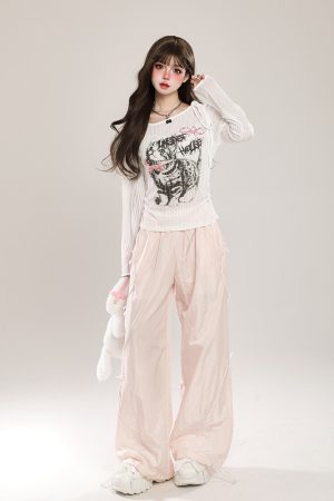 Summer American-Style Quick-Dry Wide-Leg Pants for Women, Bow Accent Loose Straight-Leg Casual Trousers
