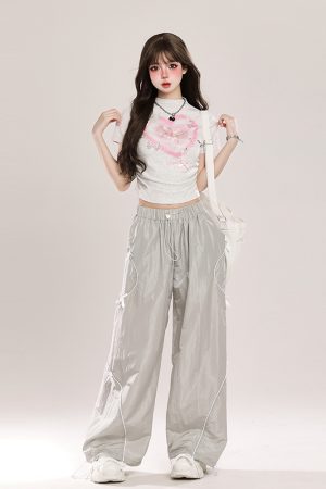 Summer American-Style Quick-Dry Wide-Leg Pants for Women, Bow Accent Loose Straight-Leg Casual Trousers