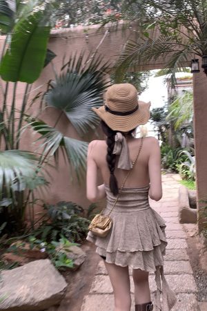 Summer Backless Halter Dress - American Retro Irregular Short Skirt with Shazhou Rainforest Design, Perfect for Y2K and Boho Styles