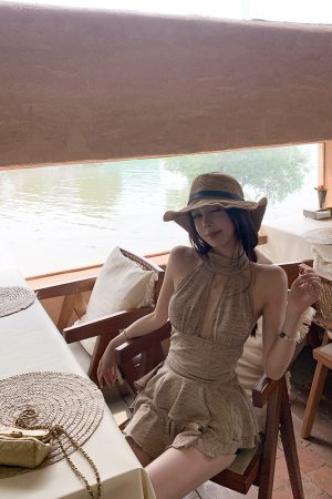 Summer Backless Halter Dress - American Retro Irregular Short Skirt with Shazhou Rainforest Design, Perfect for Y2K and Boho Styles