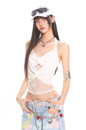 Summer Beach Low-Cut Knotted Lace Spliced Tank Top for Spicy Girls - Trendy Casual Wear, Perfect for 90s and Y2K Styles