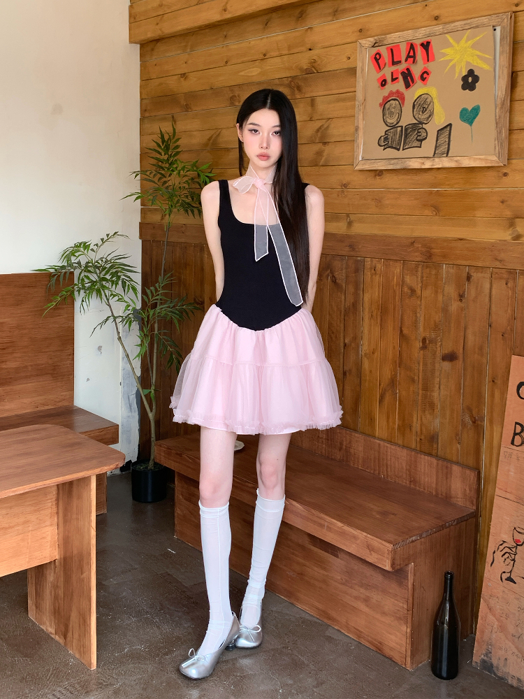 Summer Black and Pink Color-Block Sleeveless Knitted Dress with Sweet Patchwork Puff Skirt - Trendy Y2K Style Summer Black and Pink Color-Block Sleeveless Knitted Dress with Sweet Patchwork Puff Skirt - Trendy Y2K Style