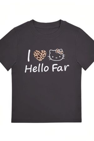 Summer Black Leopard Print Kitty Cat Graphic Cropped Top for Women - American Style Slim-Fit Short Sleeve