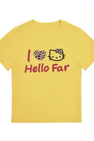 Summer Black Leopard Print Kitty Cat Graphic Cropped Top for Women - American Style Slim-Fit Short Sleeve