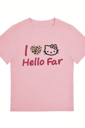 Summer Black Leopard Print Kitty Cat Graphic Cropped Top for Women - American Style Slim-Fit Short Sleeve