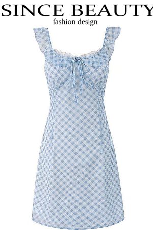 Summer Blue Spaghetti Strap Dress - Vacation Style Slim A-Line Short Skirt for 2025 Y2K Fashion