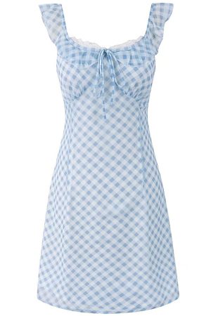 Summer Blue Spaghetti Strap Dress - Vacation Style Slim A-Line Short Skirt for 2025 Y2K Fashion
