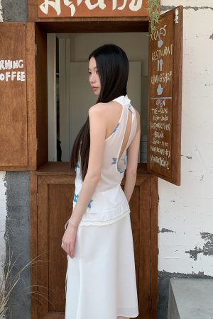 Summer Blue Star Flower Halter Lightweight Sleeveless Tank Top - Trendy Floral Design for Casual Y2K Style