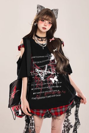 Summer Butterfly Print Short Sleeve T-Shirt for Women, American Style Loose Off-Shoulder Top, Cool Subculture Fashion