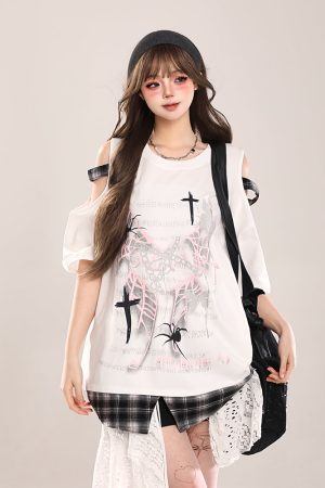 Summer Butterfly Print Short Sleeve T-Shirt for Women, American Style Loose Off-Shoulder Top, Cool Subculture Fashion