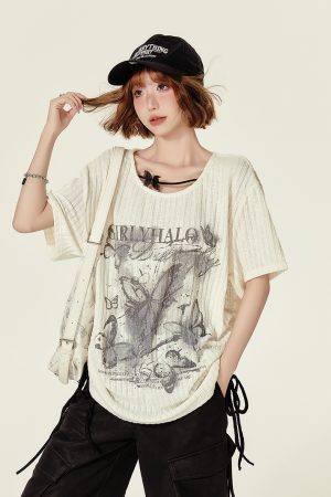 Summer Butterfly Print U-Neck Short Sleeve T-Shirt for Women - Spicy Girl American Style Loose Slimming Top